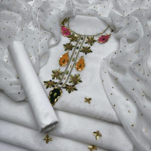 3-Piece Dress – Handmade Paper Cotton Shirt with Kundan & Bindi Work Dupatta & Kattan Silk Trouser