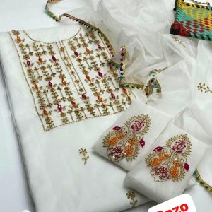 2-Piece Unstitched Dress for Girls – Organza Handmade Gala Embroidered Shirt with Organza 4-Side Border Lace Dupatta