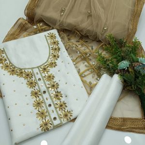 3PC Pure Handmade Dress – Kattan Silk Shirt with Crystal & Kundan Work, Net Dupatta with Mirror & Gotta Lace, Plain Kattan Trouser