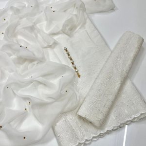 New 3PC Chickenkari Embroidered Cotton Dress – Kundan Work Chiffon Dupatta & Free Mirror Neckline Gift