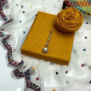 3-Piece Unstitched Dress for Girls – Kataan Silk Shirt & Trouser with Chiffon Embroidered Dupatta