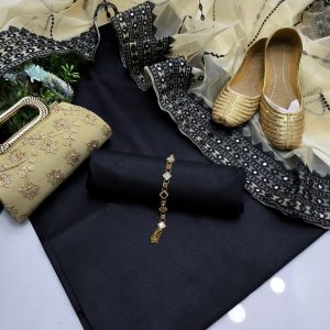 Elegant 5pc Fancy Dress – Kattan Silk Shirt & Trouser with Foil Embroidered Organza Dupatta + Neckline, Clutch & Khussa Gifts