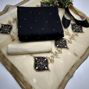 New Fancy 4PC Chiffon Dress – Bindi Work Shirt, Net Mirror Aari Dupatta, Masoori Trouser + Khussa Gift