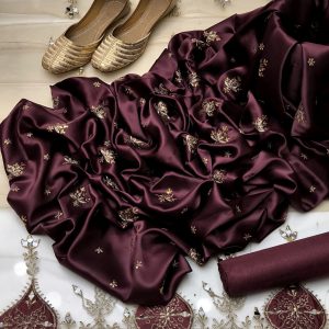 Fancy Shamooz Silk Embroidered Dress – With Indian Net Dupatta & Kattan Silk Trouser + Free Khussa Gift  (Sizes 6–10)