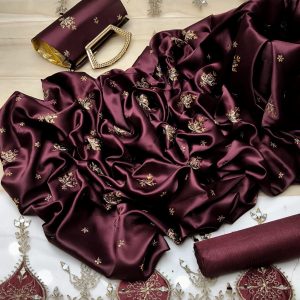 Fancy 4PC Embroidered Dress – Shamooz Silk Shirt, Indian Net Dupatta, Kattan Trouser & Matching Clutch