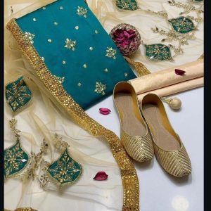Fancy Shamooz Silk Embroidered Dress – Indian Net Dupatta, Masoori Trouser & Free Khussa Gift