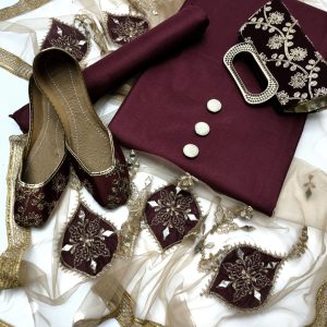 New Fancy 5pc Party Wear Dress – Kattan Silk Shirt & Trouser with Embroidered Net Dupatta + Handmade Buttons & Khussa Gift