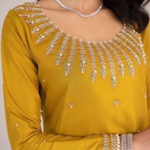 Latest Party Wear 3pc Dress – Kattan Silk Crystal Handwork Shirt, Plain Trouser & Chiffon Dupatta (2025 Collection)