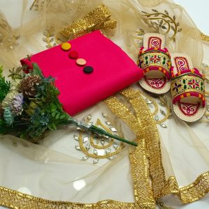 New Fancy 4PC Kattan Silk Dress – Heavy Mirror Dupatta + Handmade Kolapuri Chappal & Button Gift