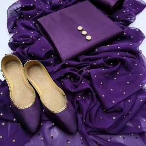 Fancy 4PC Chiffon Dress – Bindi Work Shirt, Net Mirror Aari Dupatta, Masoori Trouser + Khussa & Earrings Gift