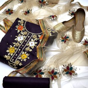 4PC Heavy Pure Handmade Dress – Kattan Silk with Moti Crystal & Kundan Work, Net Mirror Dupatta + Plain Trouser