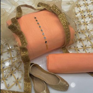 Fancy Kattan Silk 3PC Suit – Heavy Check & Mirror Work Dupatta + Mirror Neckline & Khussa Gift