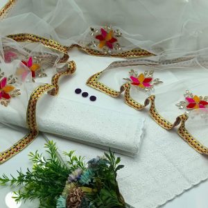 Trendy Summer 2025 – White Chikankari Shirt & Trouser with Soft Net Multi Aari Mirror Dupatta (4PC Embroidered Set)