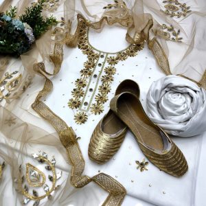 4PC Handmade Luxury Dress – Kattan Silk with Moti & Kundan Work, Net Mirror Dupatta + Khussa Gift