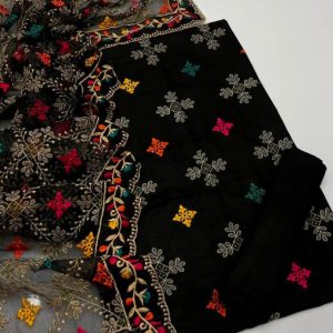 3-Piece Suit – Khaddi Net Shirt & Dupatta with Heavy Embroidered 4-Side Border, Khatan Trouser