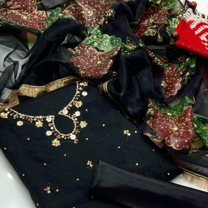 3-Piece Dress – Handwork Stones & Beads Organza Shirt with Zari Beads Oil Paint 4-Side Lace Dupatta & Khatan Trouser