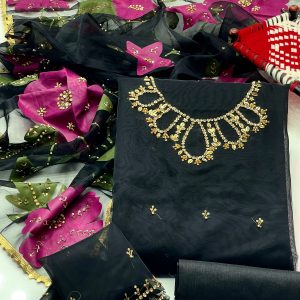 3-Piece Suit – Soft Cationic Organza Handmade Shirt with Hand Brush Paint Dupatta & Zari Beads Work, Khatan Trouser