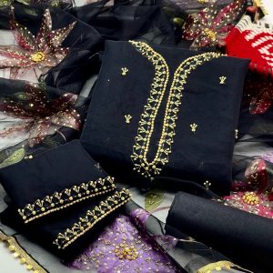 3-Piece Dress – Handwork Stones & Beads Organza Shirt with Zari Beads Oil Paint Organza Dupatta & Khatan Trouser