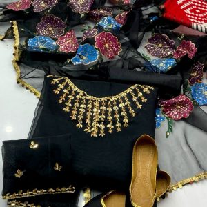 4-Piece Dress – Handwork Stones & Beads Organza Shirt with Zari Beads Oil Paint Dupatta, Khatan Trouser & Khussa