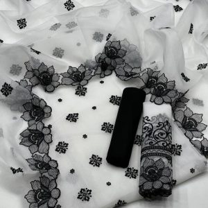 3-Piece Suit – Khadi Net Embroidered Shirt with Cutwork Dupatta & Bazo, Khatan Trouser