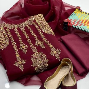 4-Piece Dress – Organza Tilla Aari Beads Embroidered Handmade Shirt with Organza Kundan Dupatta, Khatan Trouser & Khussa