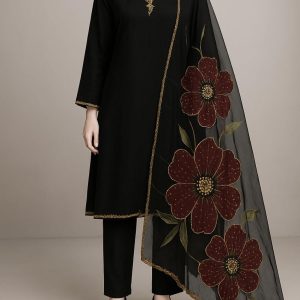 3-Piece Suit – Handmade Soft Cationic Organza Shirt with Hand Brush Paint & Embroidered Dupatta, Khatan Trouser