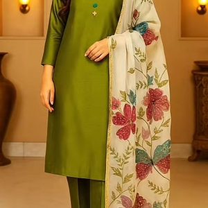 3-Piece Suit – Khatan Shirt & Trouser with Organza Brush Paint Dupatta, Handmade Beads & Motif Work