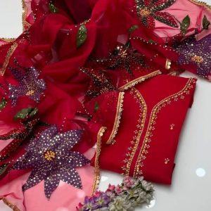 2-Piece Dress – Handwork Stones & Beads on Organza Shirt with Zari Beads Oil Paint Organza Dupatta