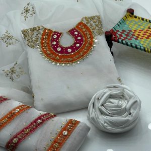3-Piece Organza Dress – Handmade Aari Zari Beads & Gota Work Shirt with Organza Dupatta & Khatan Trouser
