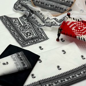 3-Piece Khaddi Net Suit – Embroidered Shirt, Sleeves & Dupatta with Khatan Trouser