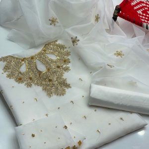 3-Piece Dress – Organza Aari & Sequin Shirt with Cut Dana, Moti & Sitara Work, Organza Dupatta & Khatan Trouser